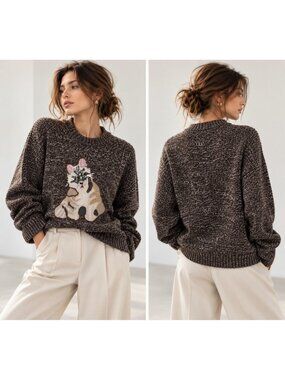 Women's 100% Cashmere Cat Applique Marled Brown Crewneck Sweater Size L